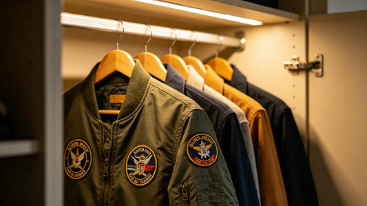 16:9，Real wardrobe storage scene, jacket with embroidered patch hanging neatly in closet, well organized indoor wardrobe light, daily garment protection vibe