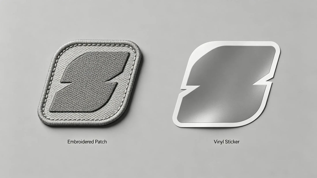 Side by side display of custom patches and printed stickers