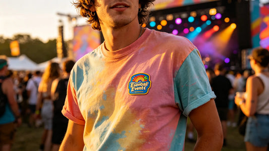 Event souvenir peel-and-stick patch on t-shirt for temporary style