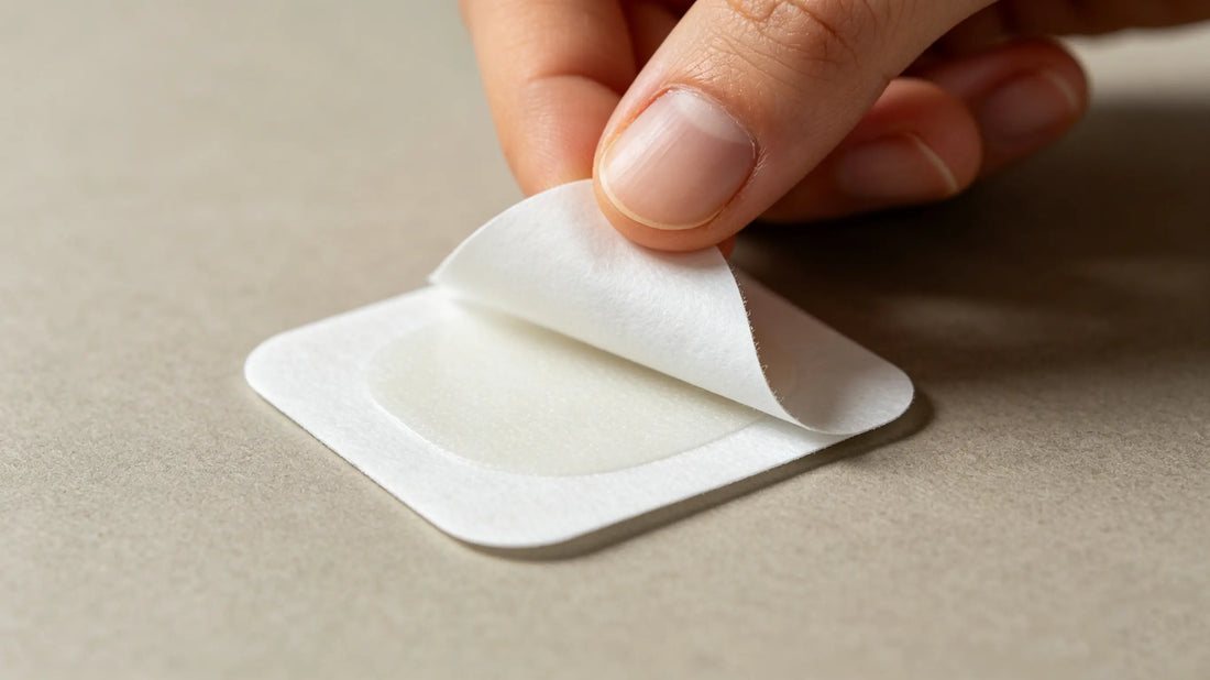 Peeling off protective paper liner from the glue side of self-adhesive custom patch