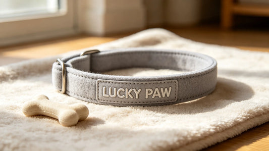 Soft personalized pet name 3D puff embroidery patch sewn on dog fabric collar.