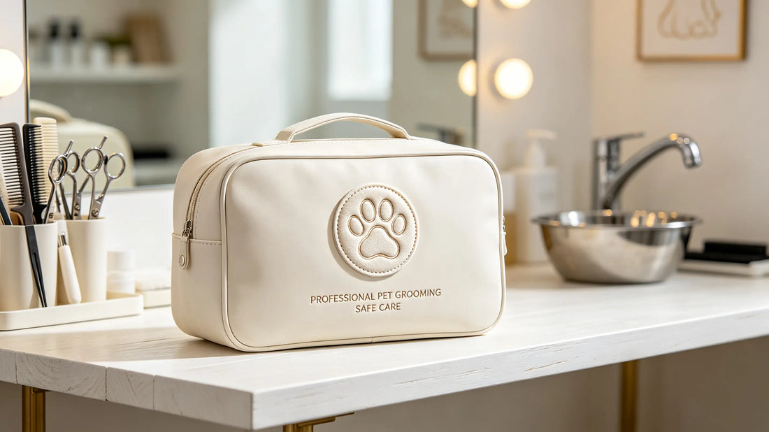 3D embroidered pet salon badge stitched on professional waterproof pet grooming tool bag at tidy grooming station.