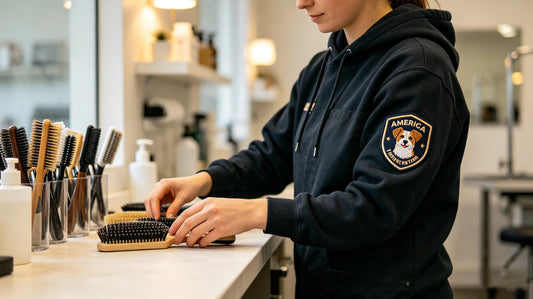 Pet groomer organizes grooming tools inside bright american pet salon, partial view of raised 3D embroidered patch on work hoodie sleeve
