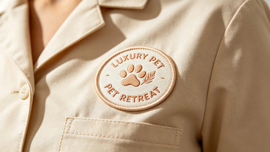 Ultra soft custom pet resort 3D embroidered patch sewn on light beige staff uniform fabric, bright warm indoor pet resort lighting