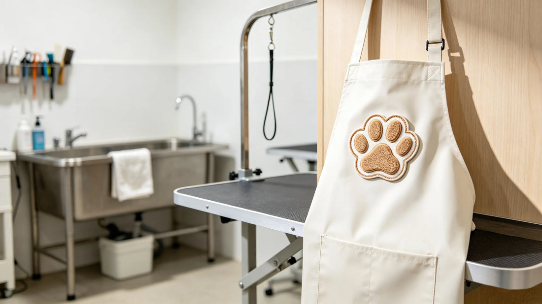 Pet‑themed 3D embroidered badge sewn on groomer apron beside bright pet grooming work station.