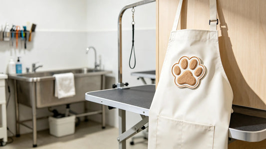 Pet‑themed 3D embroidered badge sewn on groomer apron beside bright pet grooming work station.