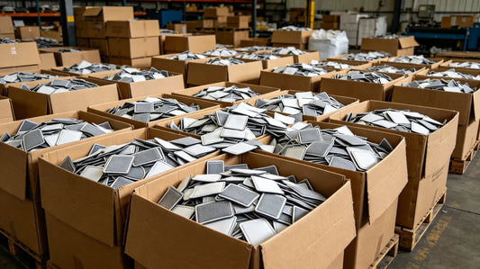Unlabeled bulk carton filled with loose unpackaged patches for wholesale distributor