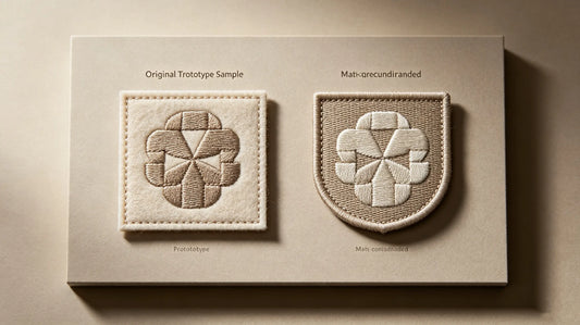 Custom pre-production prototype sample alongside final bulk finished patch for effect comparison
