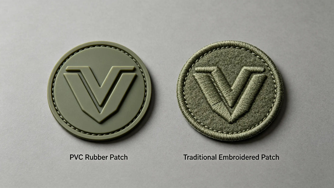 Side-by-side comparison of PVC rubber patch and embroidered patch