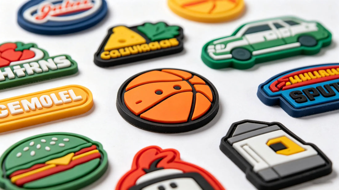Various colorful custom PVC rubber patches in different shapes and styles