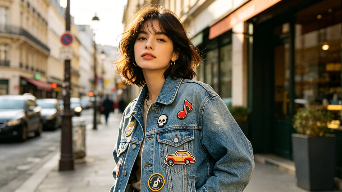 Bold PVC patches decorated on denim jacket for casual daily style