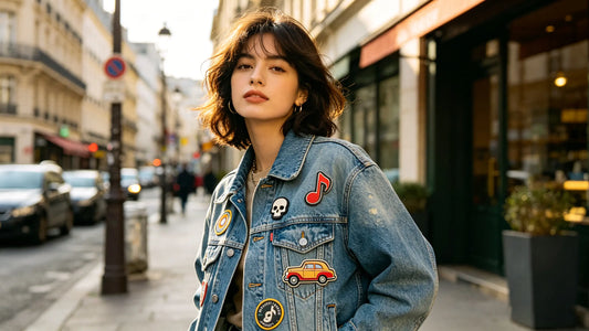 Bold PVC patches decorated on denim jacket for casual daily style