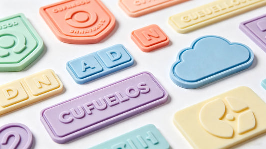 Collection of colorful durable molded PVC rubber custom patches with premium tactile texture