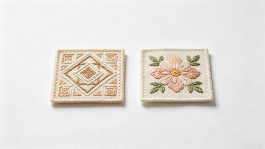Soft rubber PVC patch placed alongside embroidered patch for texture and thickness contrast