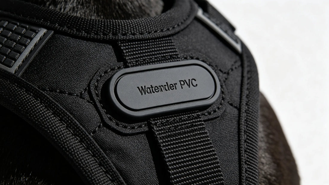 Removable custom PVC rubber name patch fixed on upper‑back panel of black outdoor dog harness