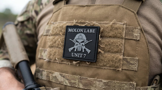 Standard 3 inch square custom PVC rubber morale patch attached to black tactical vest