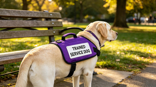 Matte custom PVC identification patch attached to the back of a service dog vest resting on outdoor wooden park bench