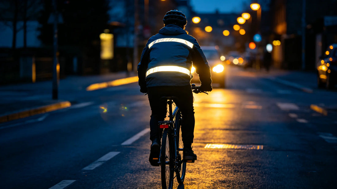 Reflective patches on cyclist jacket for low-light visibility during evening rides