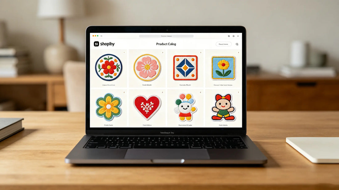 E-commerce store product page showing assorted customized patches for online retail sales