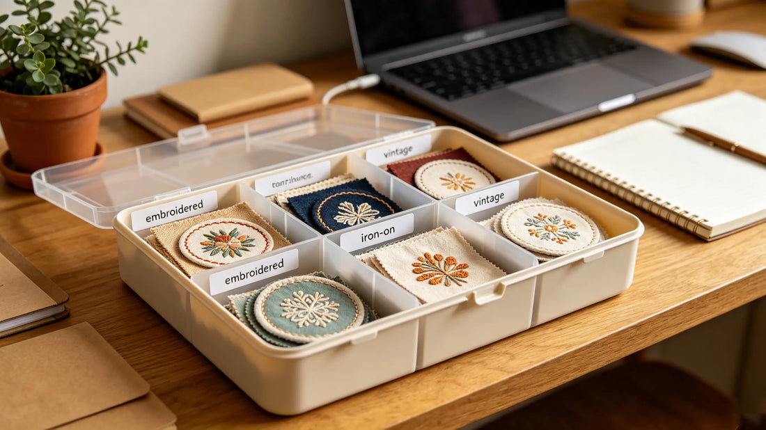 Sorted assorted themed patches classified inside storage boxes for small reseller inventory