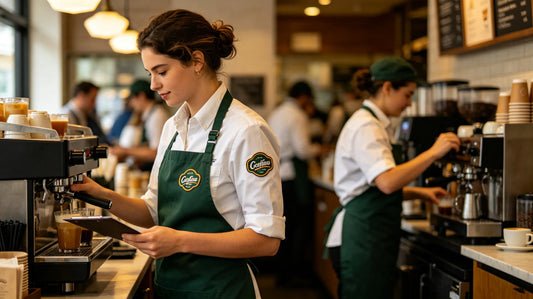 Restaurant staff work uniform with custom brand embroidered patch