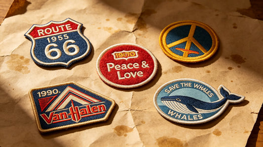 Assorted vintage retro faded color embroidered patches with old-school graphics