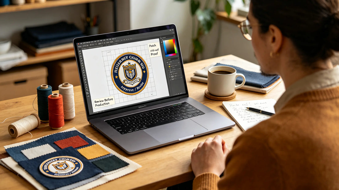 Graphic artist preparing vector‑based logo artwork ready for custom patch production