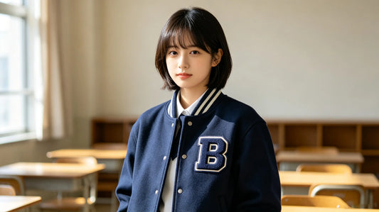 Varsity letter 3D puff embroidery patch sewn on left chest of navy wool varsity jacket, bright campus studio background.