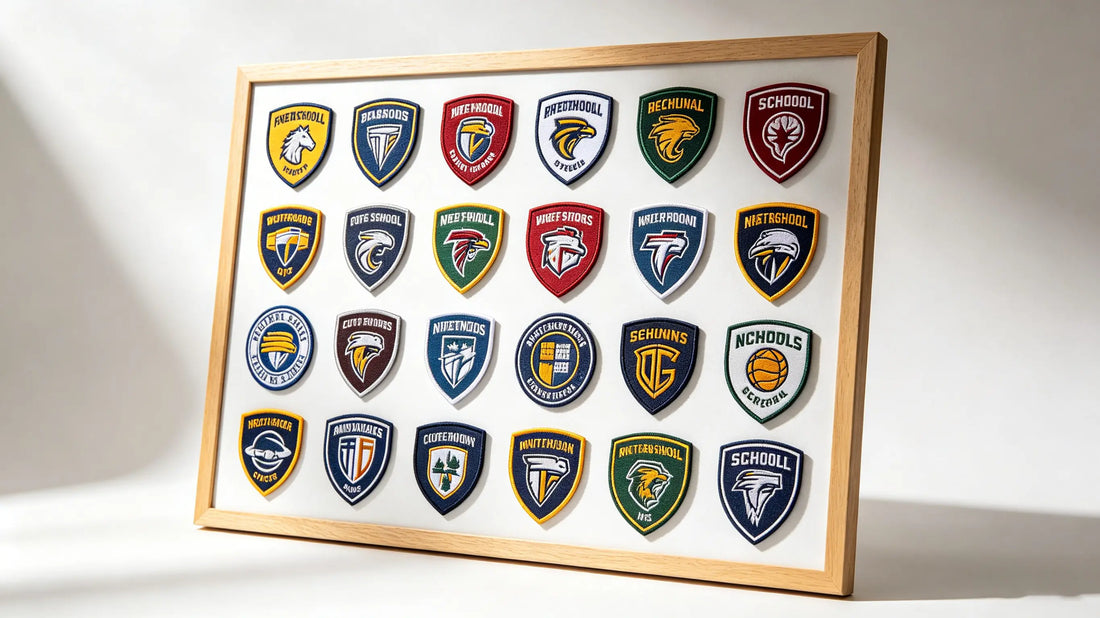 Assorted custom school patches displayed on a presentation board