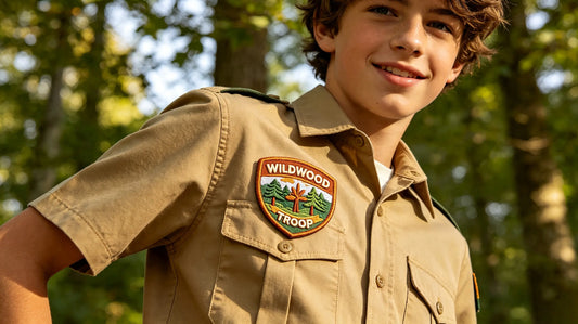 Colourful troop crest 3D puff embroidery patch neatly sewn on the left chest of khaki scout uniform, outdoor woodland background.