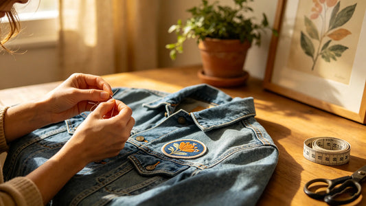 Beginner hand-sewing custom sew-on patch on denim jacket at home