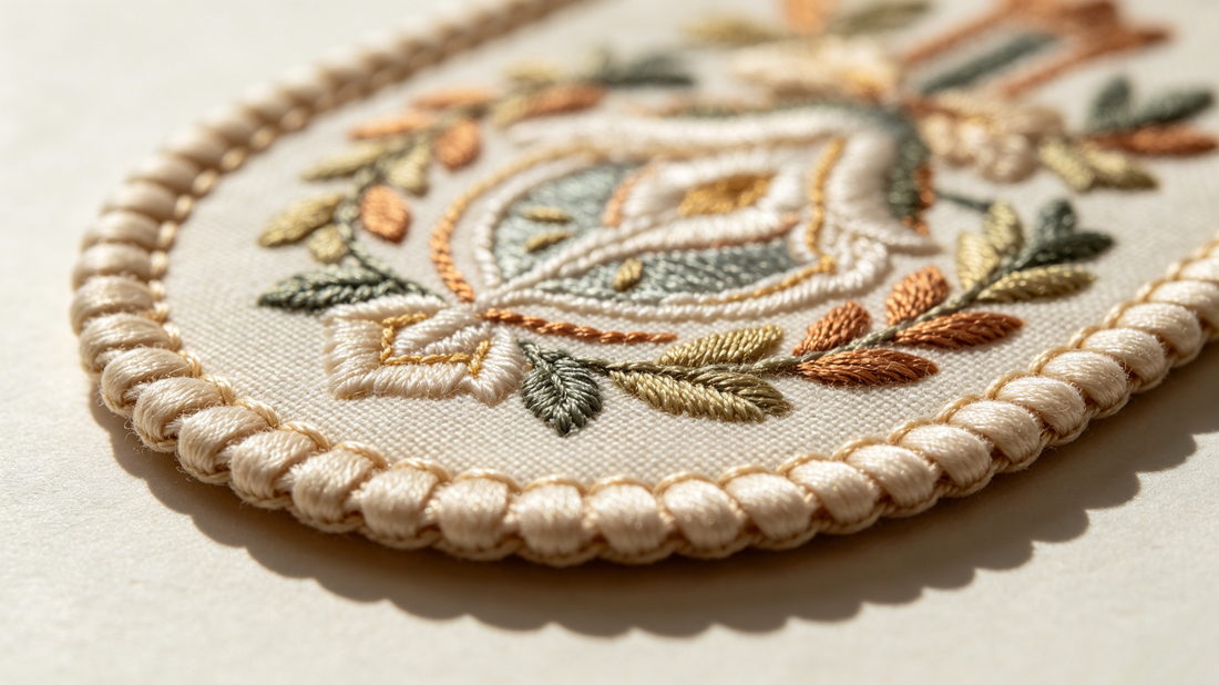 Standard single merrow border on regular embroidered custom patch close-up