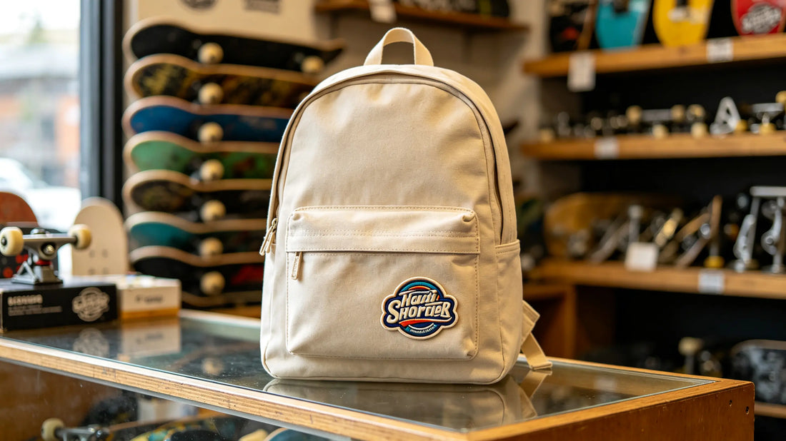 Skate team canvas backpack placed inside local skate shop, 3D foam raised embroidered patch sewn on front pocket