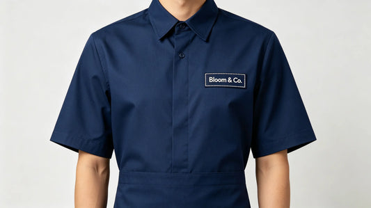 Small business staff uniform decorated with custom brand logo patches