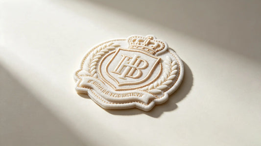 Single premium collectible 3D raised foam embroidered souvenir patch, clean bright studio product shot, delicate layered embroidery relief.