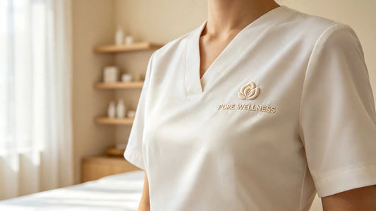 Elegant minimalist spa logo 3D puff embroidery patch sewn on the right chest of cream beauty salon tunic, bright spa interior background.