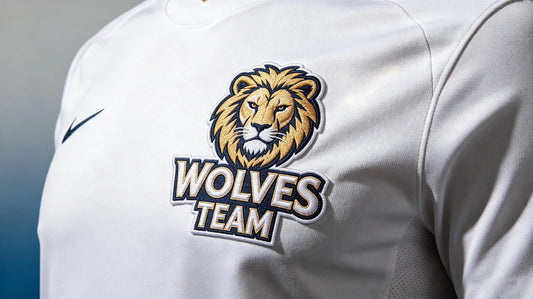 3D puff embroidery team mascot patch sewn on the chest of white athletic jersey, stadium natural lighting.