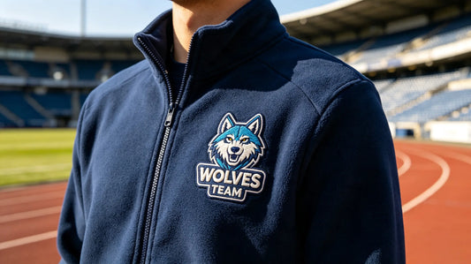 Vibrant team mascot 3D puff embroidery patch sewn on navy sports track jacket, stadium outdoor scene.