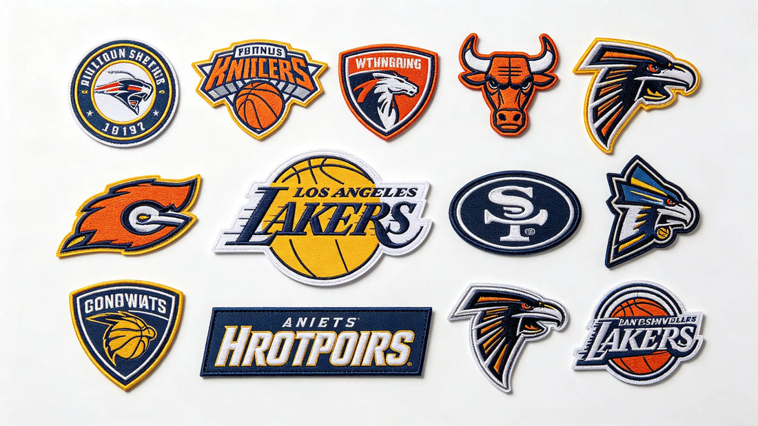 Assorted custom sports team patches for different athletic teams and leagues