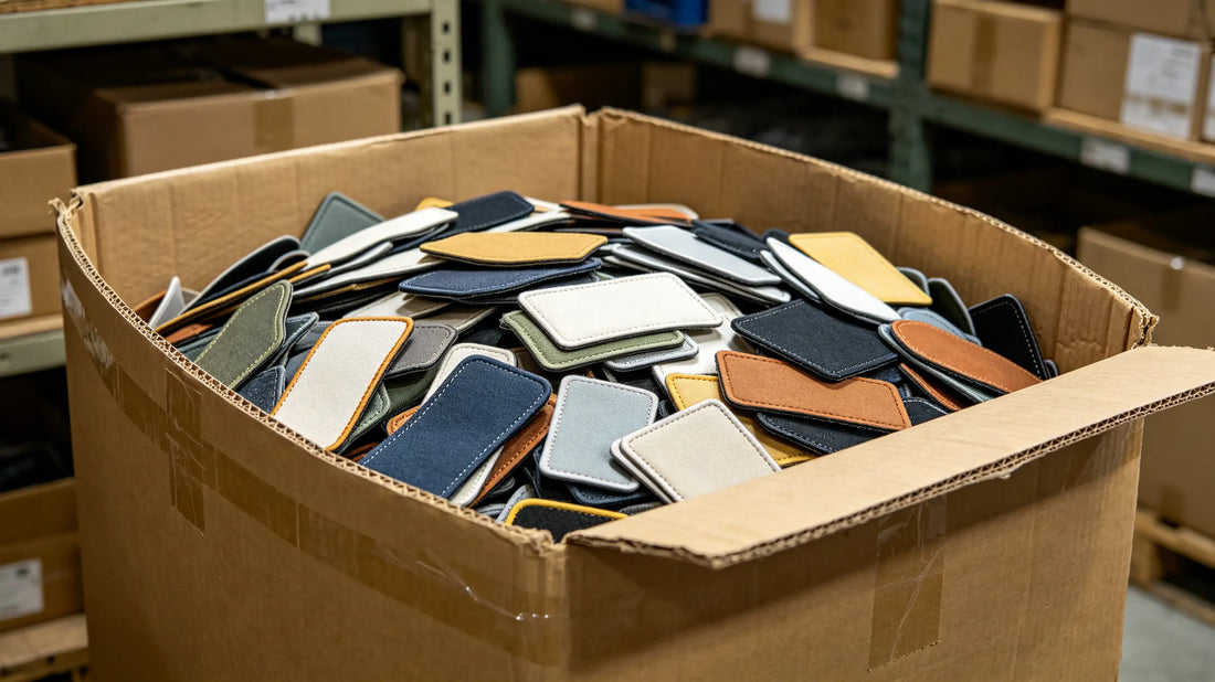 Unpackaged loose patches stacked inside master export carton for wholesale bulk inventory