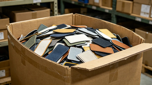 Unpackaged loose patches stacked inside master export carton for wholesale bulk inventory