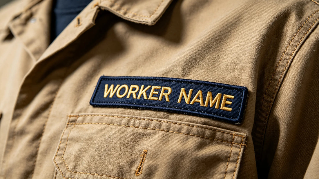 Standard embroidered uppercase name tape neatly placed on the right chest of a staff work shirt