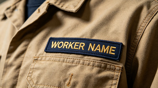 Standard embroidered uppercase name tape neatly placed on the right chest of a staff work shirt