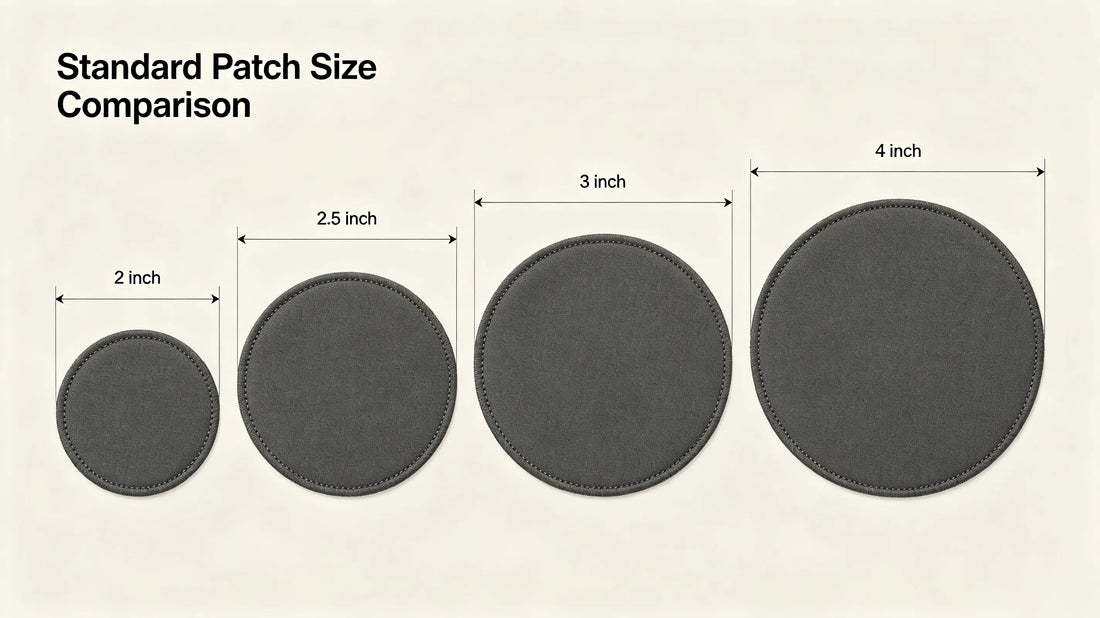Visual size reference of the most common custom patch dimensions for apparel