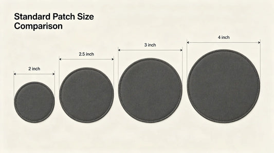 Visual size reference of the most common custom patch dimensions for apparel