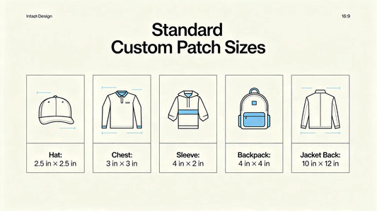 Visual size guide displaying standard patch dimensions for all common apparel placements