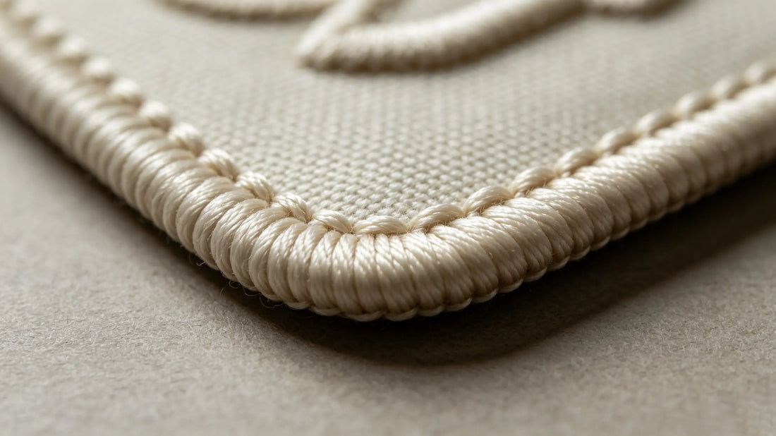 Custom patch finished with classic single row merrow edge stitching