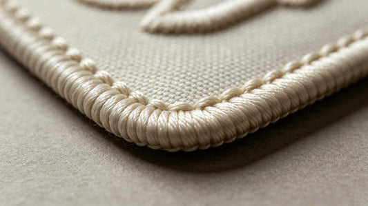 Custom patch finished with classic single row merrow edge stitching