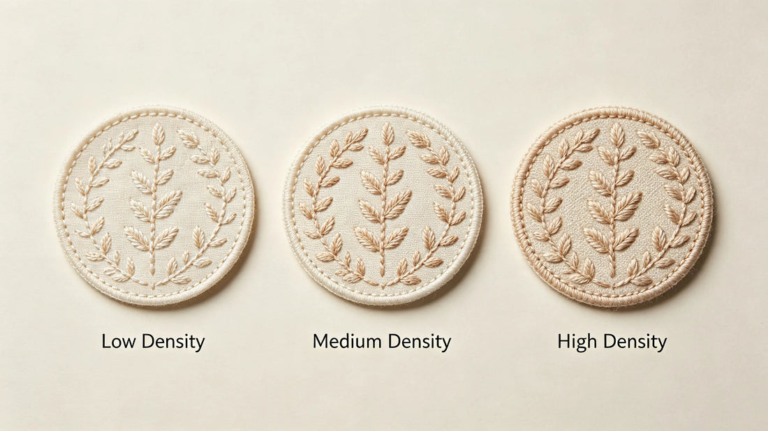 Visual comparison of low, medium, and high stitch density on custom embroidered patches
