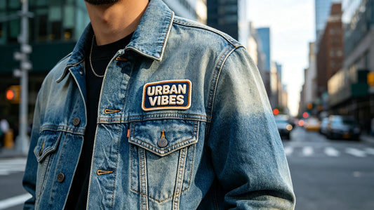 Trendy graphic 3D puff embroidery patch sewn on the left chest of vintage blue denim jacket, urban street background.